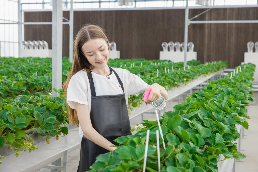 young teen lady farmer happy take care plant products with love. agriculture in greenhouse.